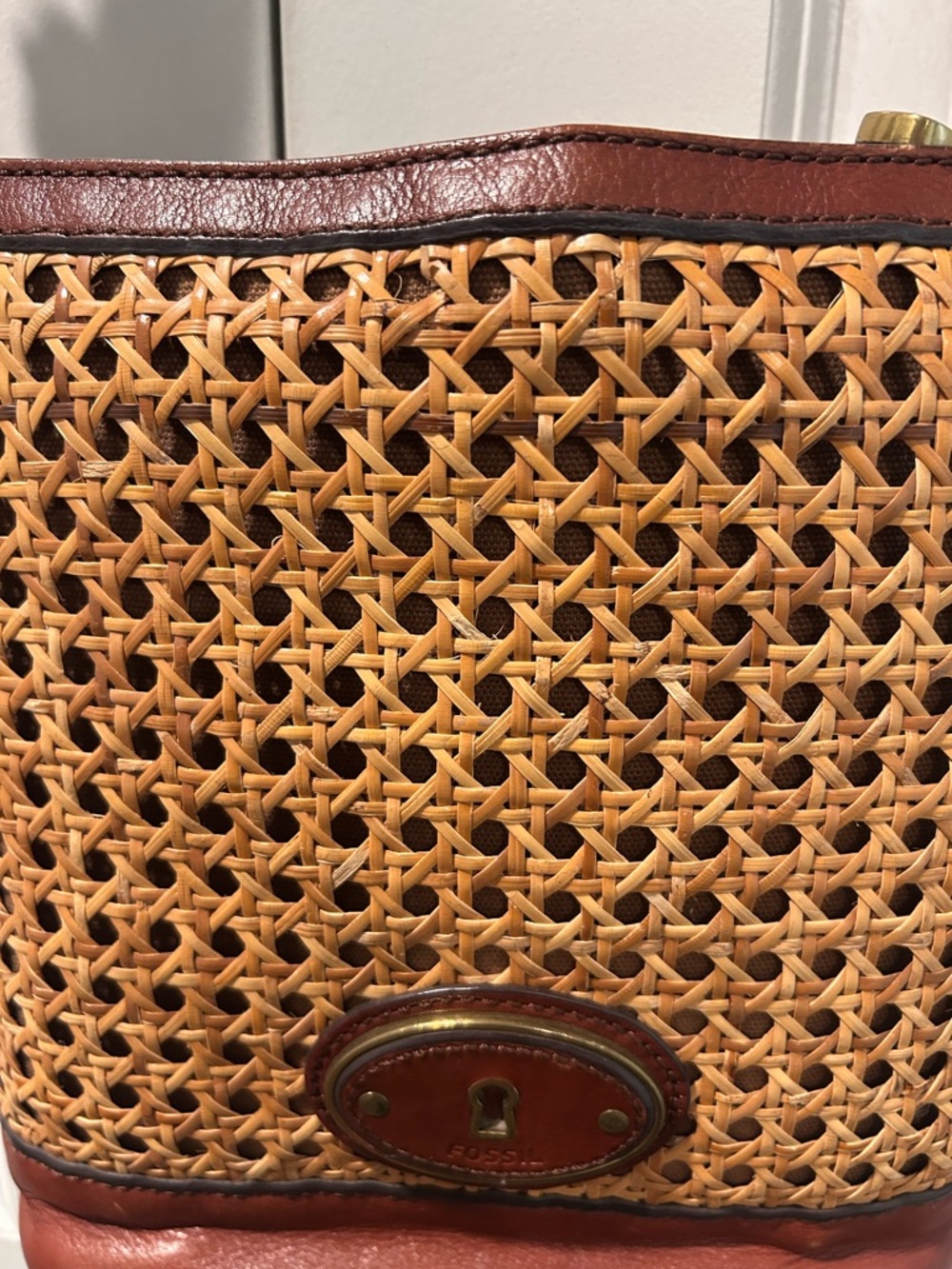 Fossil Woven Rattan and Brown Leather Shoulder/crossbody Bag - Picture 9 of 14